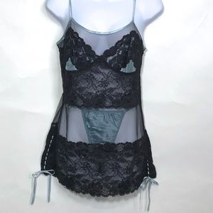VS Small Seafoam Green & Black Babydoll & Thong